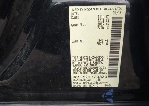 2015 Nissan Altima 2.5/2.5 S/2.5 Sl/2.5 Sv z USA, uszkodzony, nr VIN 1N4AL3AP2FC420820